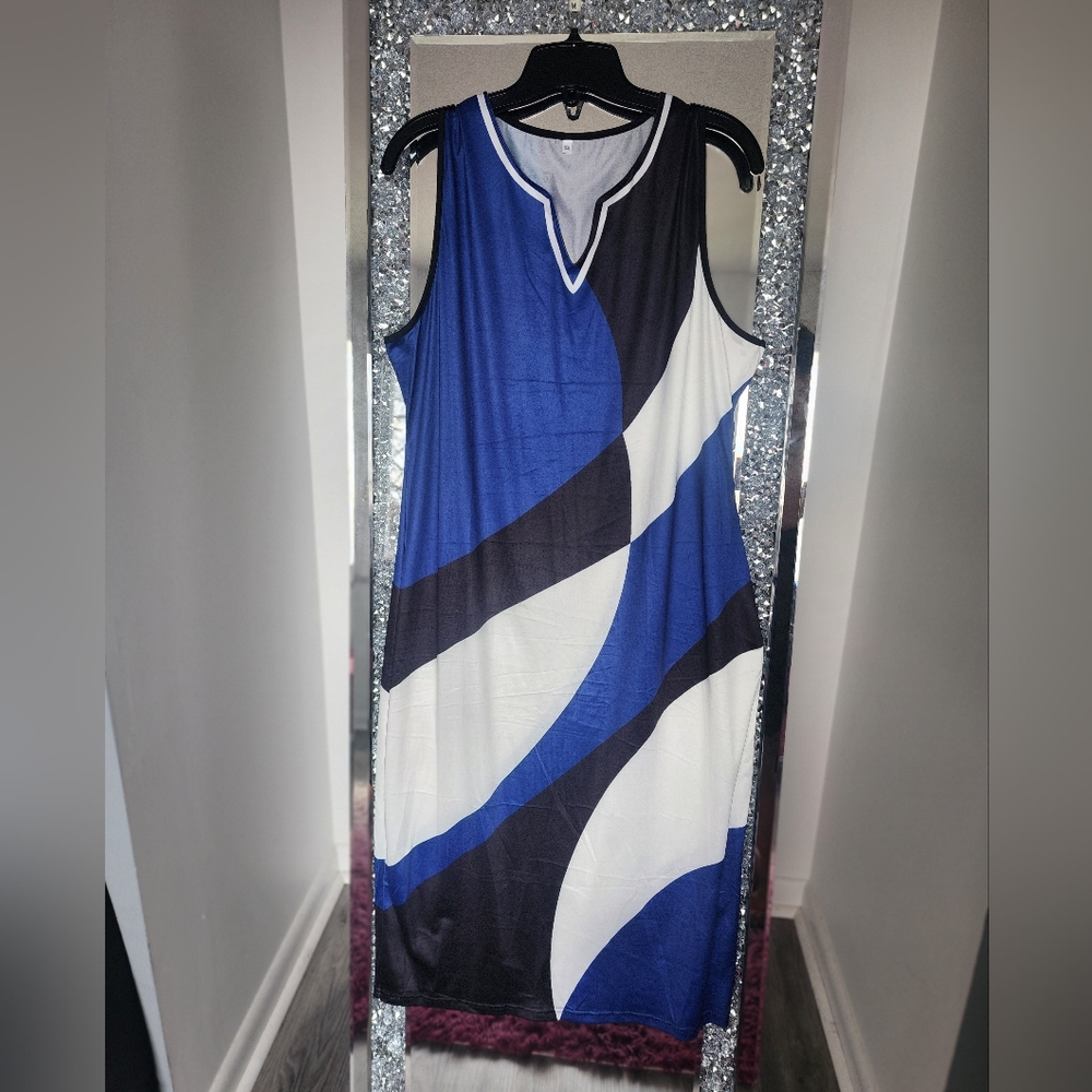 Black, Blue and White Abstract Midi Dress XXL
